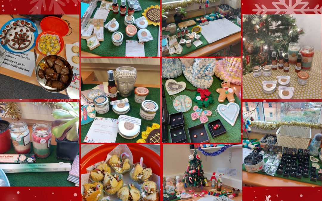 photo collage of bake sale, craft sale, christmas decorations and a raffle for people to enjoy
